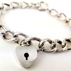 Antique Sterling Heart Padlock Charm Bracelet